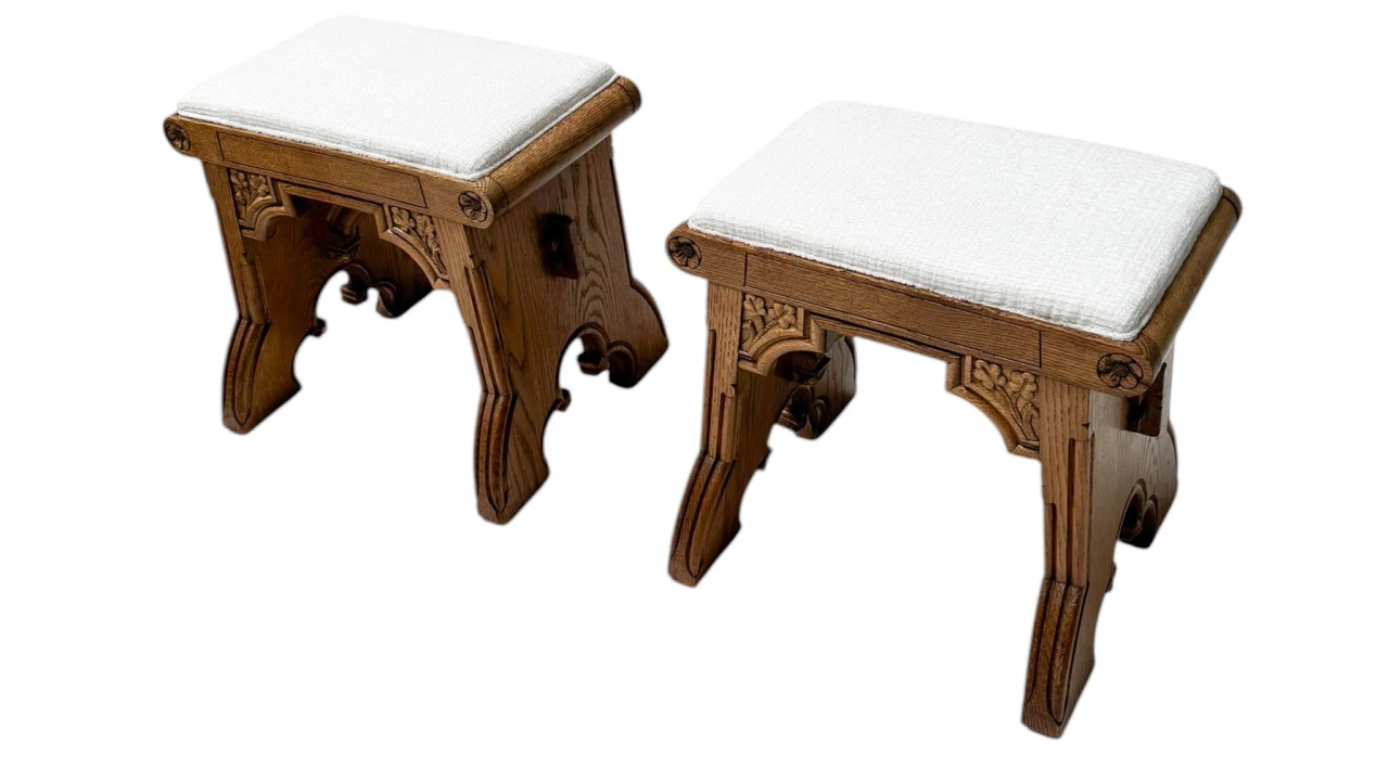 Arts & Crafts Hand-Carved Oak Stools with Boucle Upholstery, 1900s